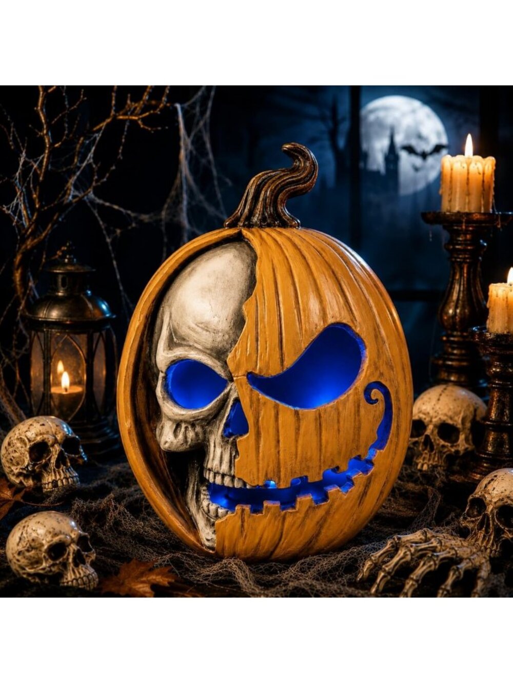 Light Up Jack O'Lantern Pumpkin Skull Halloween Decor - Spooky Home Accent